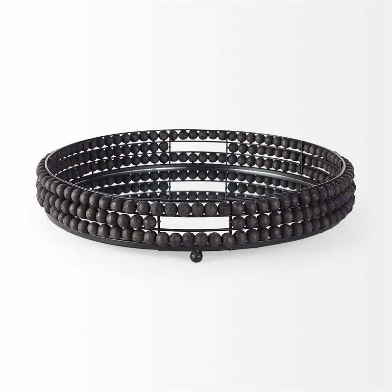 Decatur II Black Wooden Bead Mirrored Bottom Round Tray