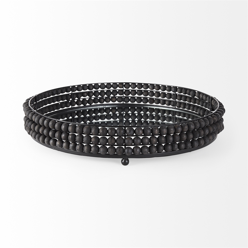 Decatur II Black Wooden Bead Mirrored Bottom Round Tray