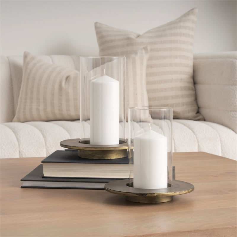 Vivian Gold Metal and Glass Hurricane Candle Holder (Set of