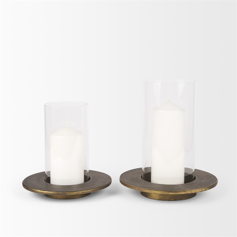 Vivian Gold Metal and Glass Hurricane Candle Holder (Set of