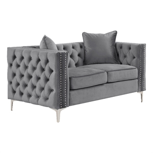 RN Furnishings Chesterfield 63&quot Button Tufted Velvet Contemporary Loveseat-Gray