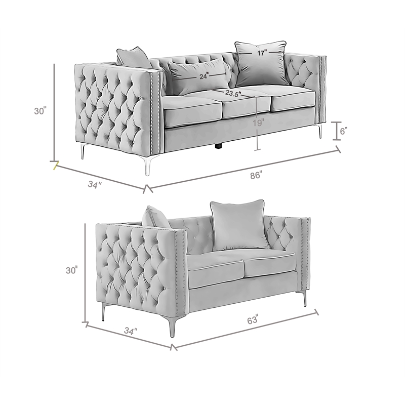 RN Furnishings modern Velvet fabric sofa and Loveseat Living room Set -Gray