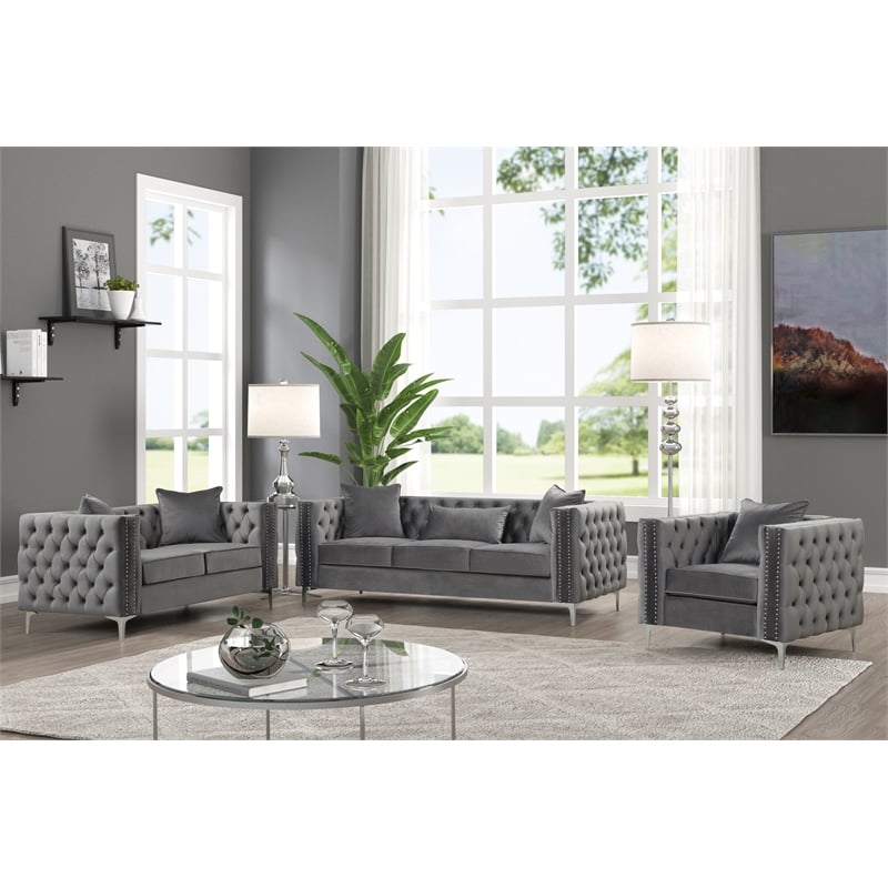 RN Furnishings Velvet fabric sofa Loveseat chair Living room furniture set-Gray