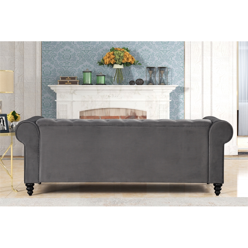 RN Furnishings 3 Piece Button Tufted Velvet Fabric Modern Sofa Set -Gray