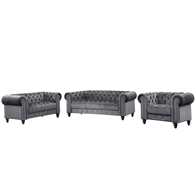 RN Furnishings 3 Piece Button Tufted Velvet Fabric Modern Sofa Set -Gray