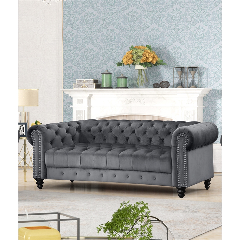 RN Furnishings 3 Piece Button Tufted Velvet Fabric Modern Sofa Set -Gray