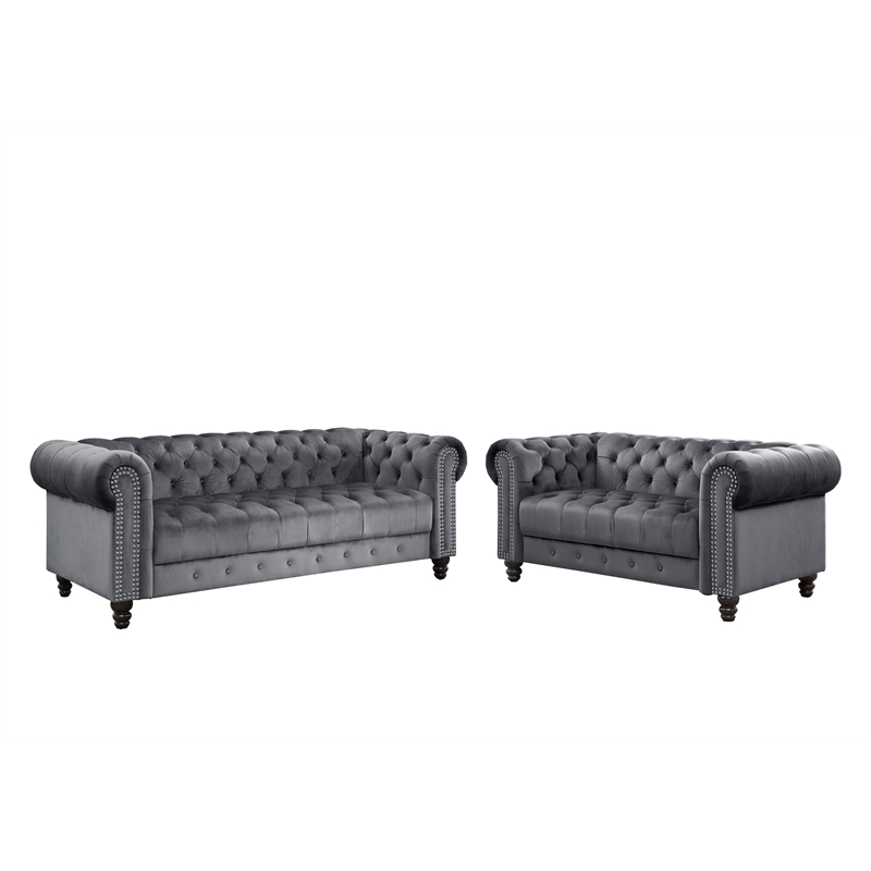 Rnfurnishings 2 Piece Living room furniture Velvet fabric Modern Sofa Set -Gray