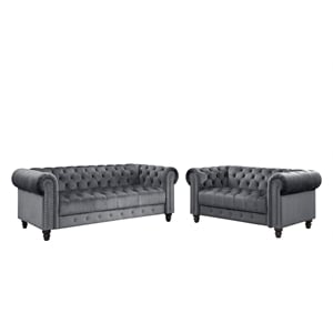 Rnfurnishings 2 Piece Living room furniture Velvet fabric Modern Sofa Set -Gray