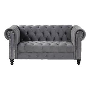 RN Furnishings Chesterfield  68&quot Button Tufted Velvet Fabric Loveseat-Gray