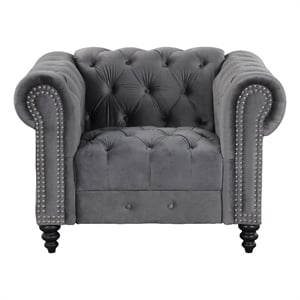 RN Furnishings Chesterfield  45.5&quot Button Tufted Velvet Fabric Accent chair-Gray