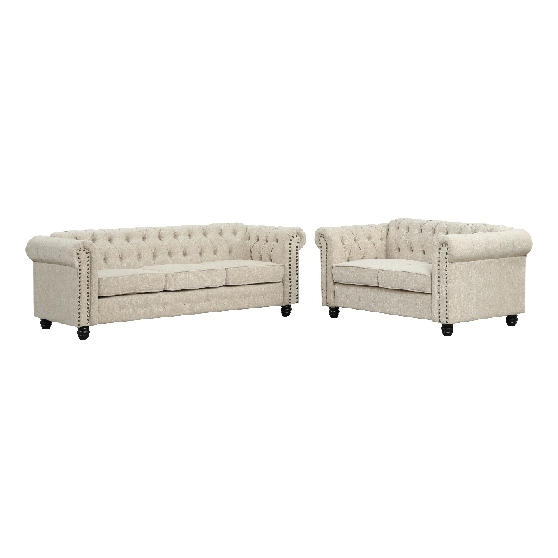 RN Furnishings 2 Piece Chesterfield  Button Tufted Linen fabric Sofa Set-Beige