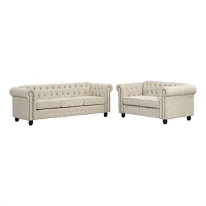 RN Furnishings 2 Piece Chesterfield  Button Tufted Linen fabric Sofa Set-Beige