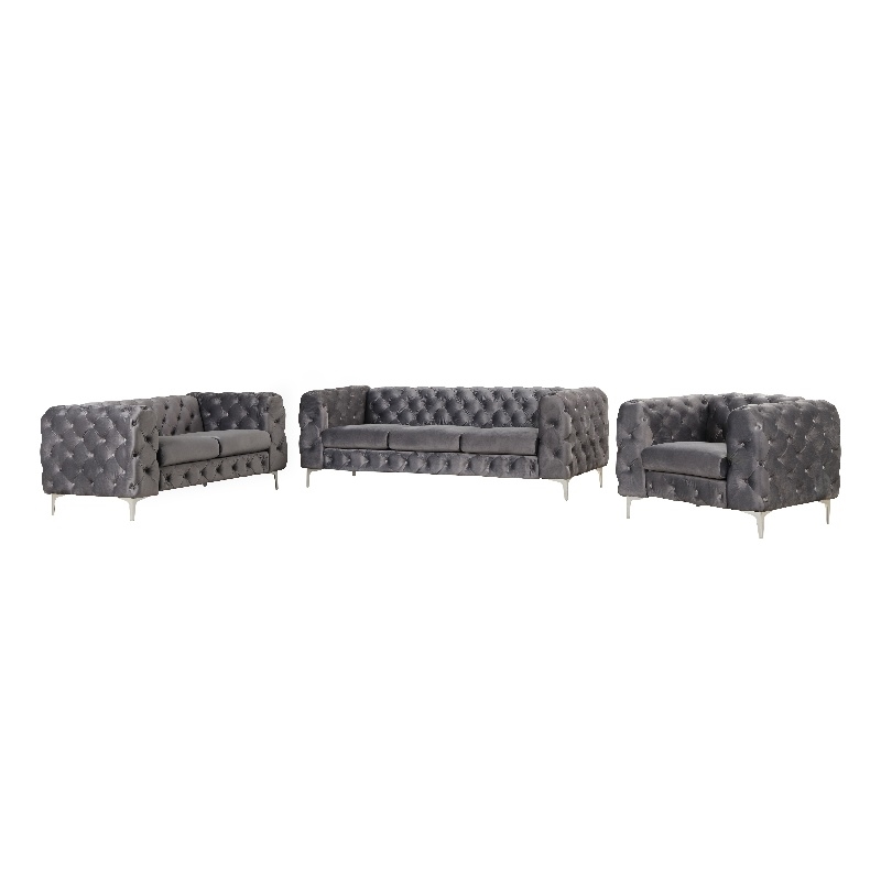 RN Furnishings 3- Piece Button Tufted Velvet Fabric Sofa Set -Gray