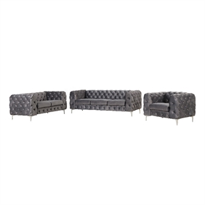RN Furnishings 3- Piece Button Tufted Velvet Fabric Sofa Set -Gray