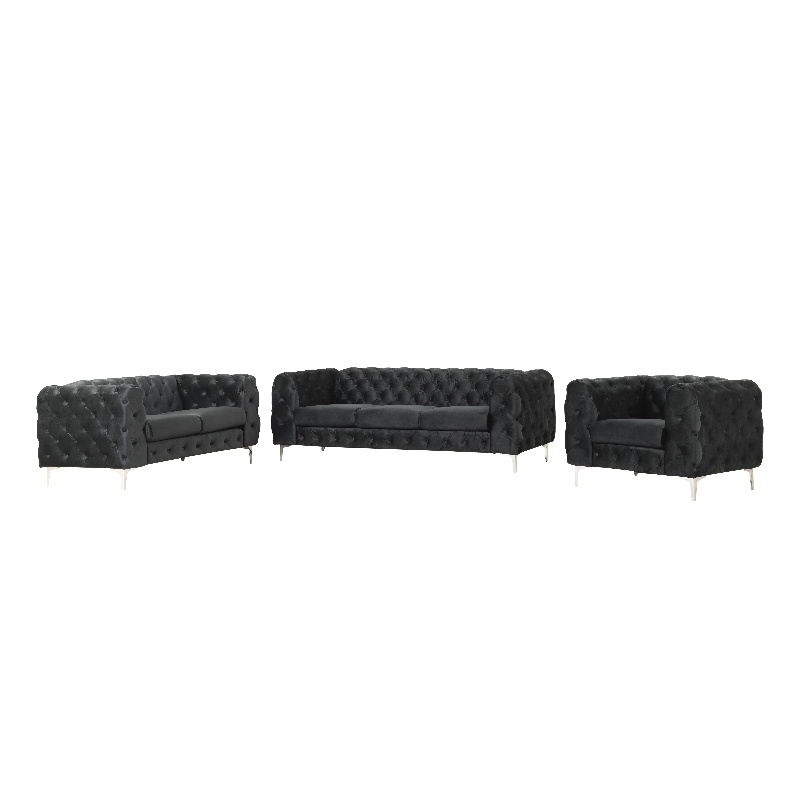 RN Furnishings 3- Piece Button Tufted Velvet Fabric Sofa Set -Black