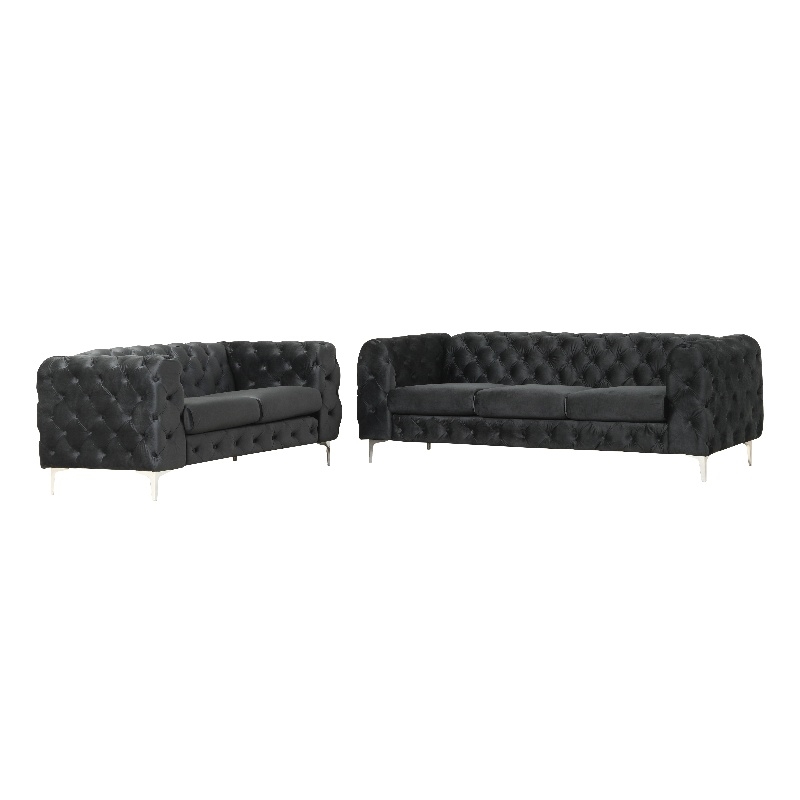 RN Furnishings 2- Piece Button Tufted Velvet Fabric Sofa Set -Black