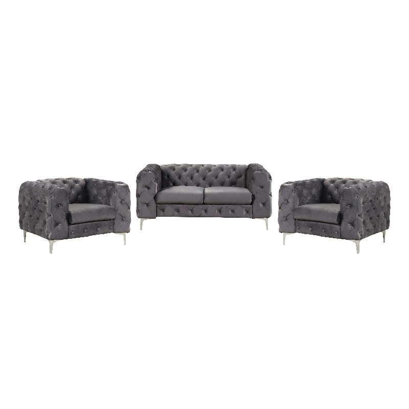 RN Furnishings 3- Piece Button Tufted Velvet Fabric Livingroom Set -Grey