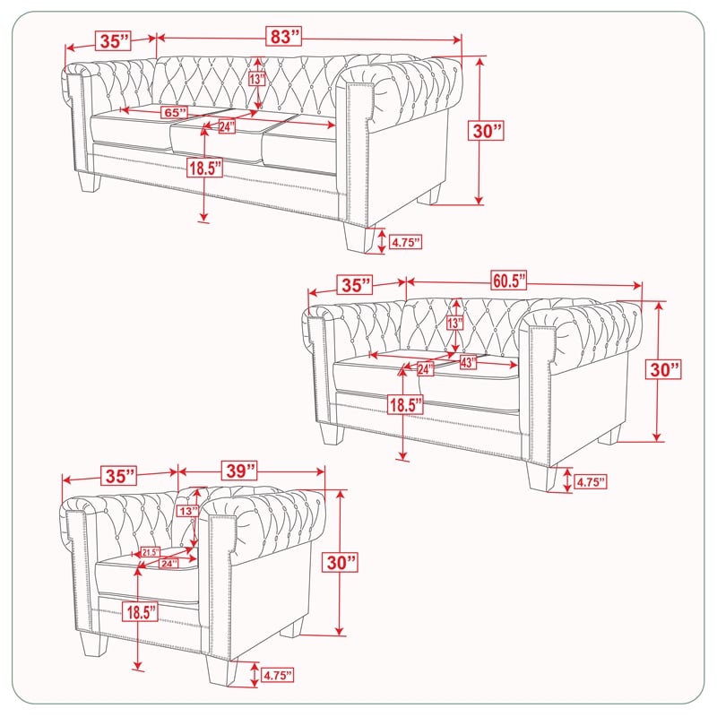 Rnfurnishings inc Akhil  3-Piece Living Room FurnitureVelvetfabric Set-Off white