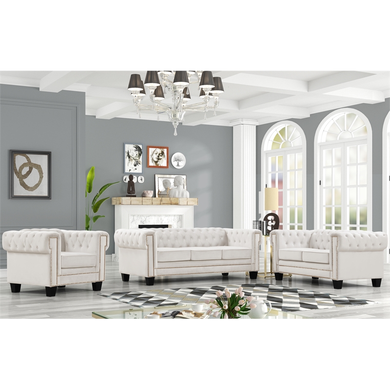 Rnfurnishings inc Akhil  3-Piece Living Room FurnitureVelvetfabric Set-Off white