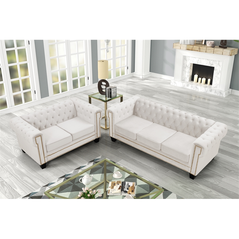 Rnfurnishings inc Akil 2-Piece Living Room FurnitureVelvet fabric Set-Off white