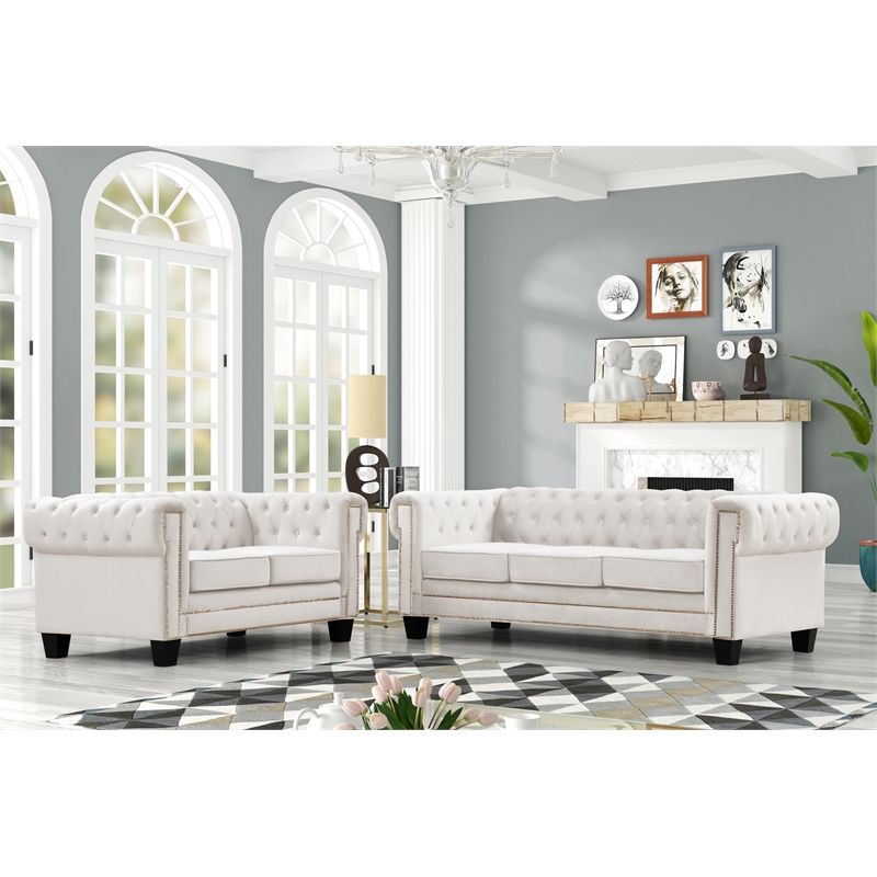 Rnfurnishings inc Akil 2-Piece Living Room FurnitureVelvet fabric Set-Off white