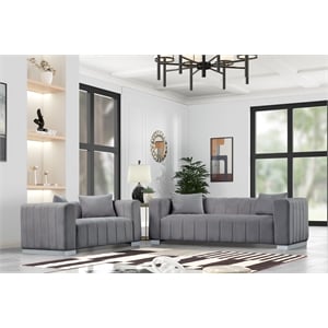 Rnfurnishings 2-Piece Living Room Furniture Velvet Sofa+Loveseat Set-Gray