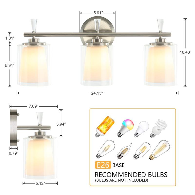 3-Light Vanity Light with Dual Clear and Frosted Shades
