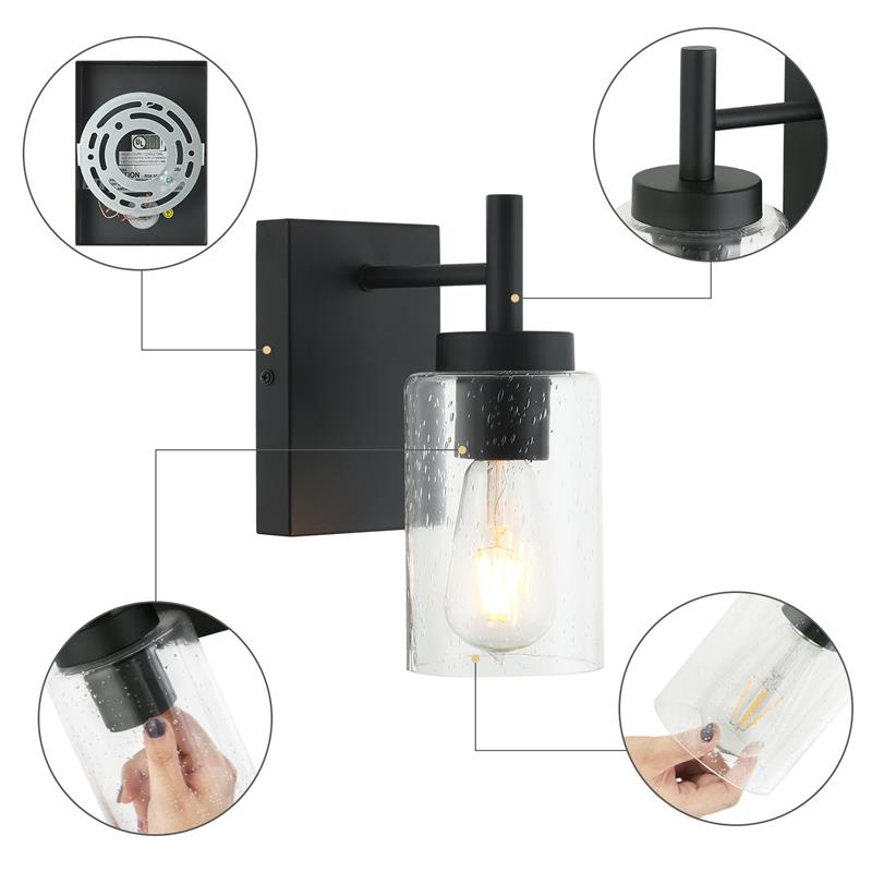 1 Light Black Bathroom Vanity Light with Bubble Glass Shade