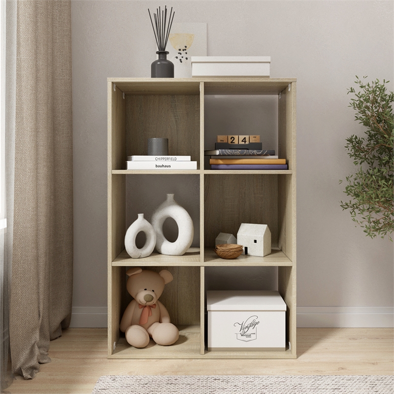 34.96 in. Tall Natural Oak Wood 3-Shelf Etagere Bookcase