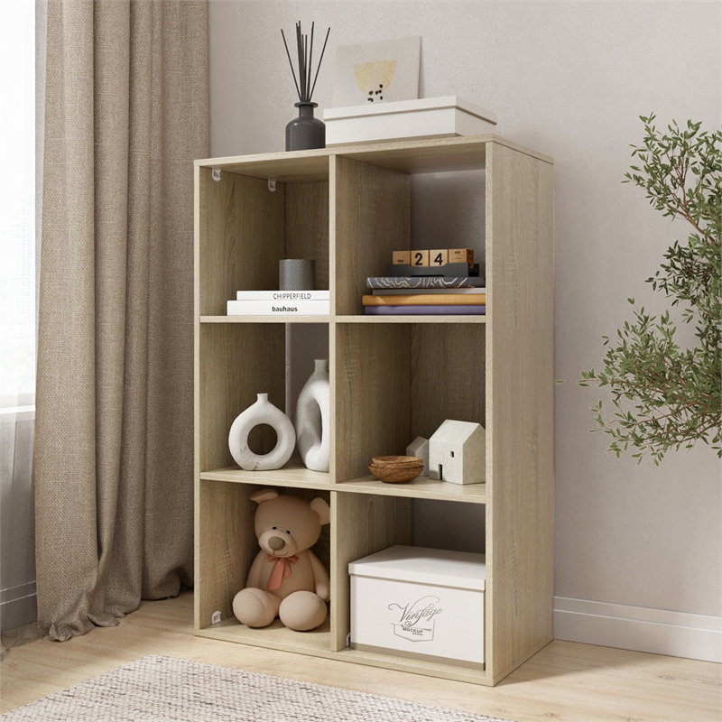 34.96 in. Tall Natural Oak Wood 3-Shelf Etagere Bookcase