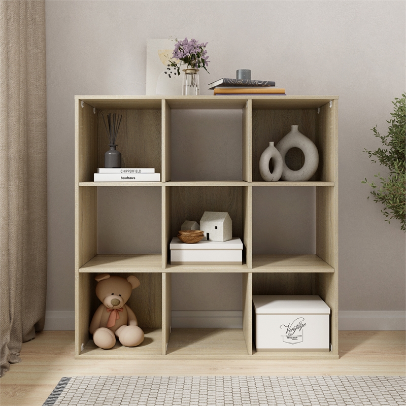 34.96 in. Tall Natural Oak Wood 3-Shelf Etagere Bookcase