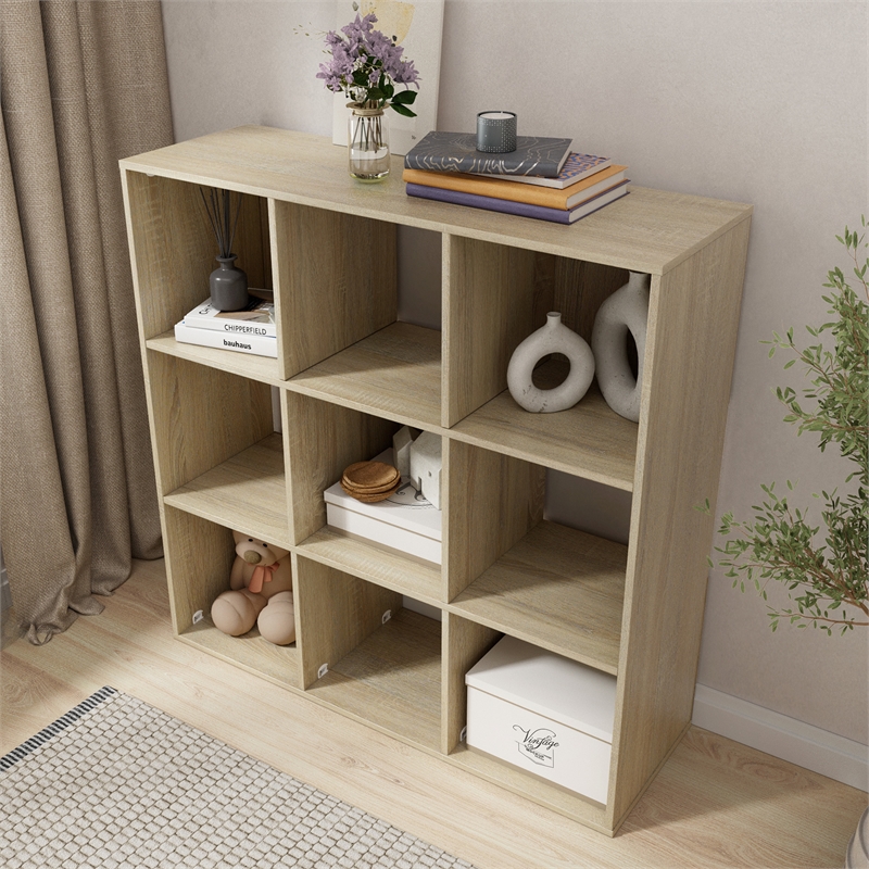 34.96 in. Tall Natural Oak Wood 3-Shelf Etagere Bookcase