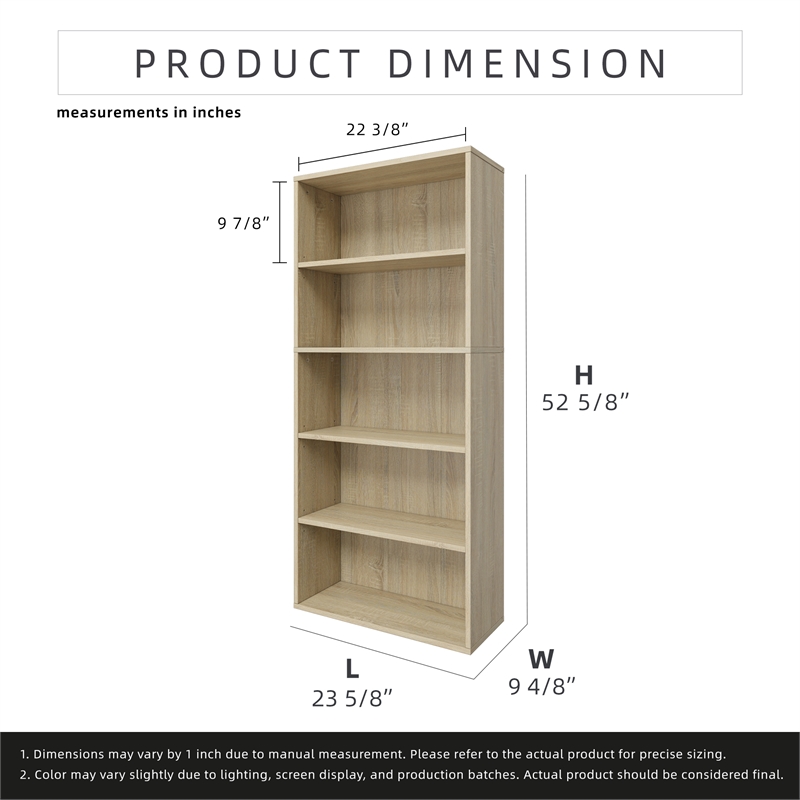 52.83 in. Tall Natural Oak Wood 5-Shelf Etagere Bookcase with Adjustable Shelves