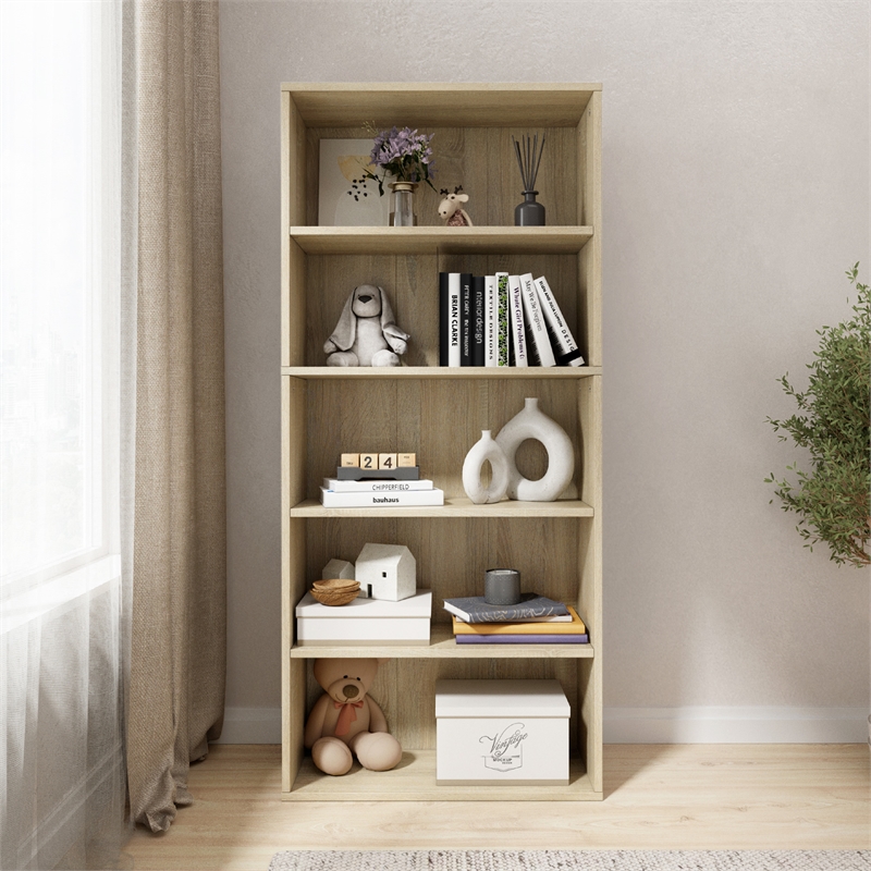 52.83 in. Tall Natural Oak Wood 5-Shelf Etagere Bookcase with Adjustable Shelves