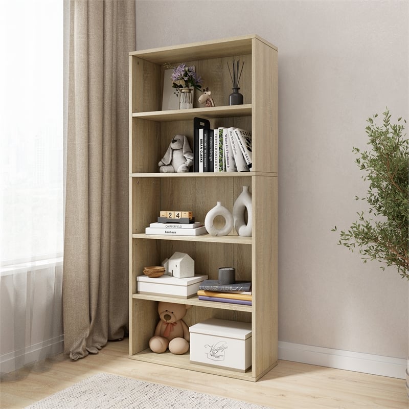 52.83 in. Tall Natural Oak Wood 5-Shelf Etagere Bookcase with Adjustable Shelves