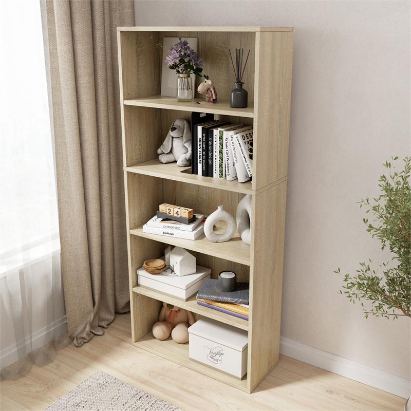 52.83 in. Tall Natural Oak Wood 5-Shelf Etagere Bookcase with Adjustable Shelves