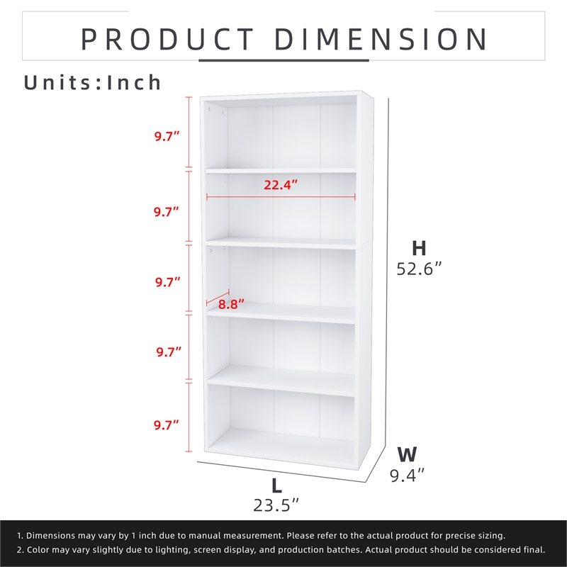 52.83 in. Tall White Wood 5-Shelf Etagere Bookcase with Adjustable Shelves