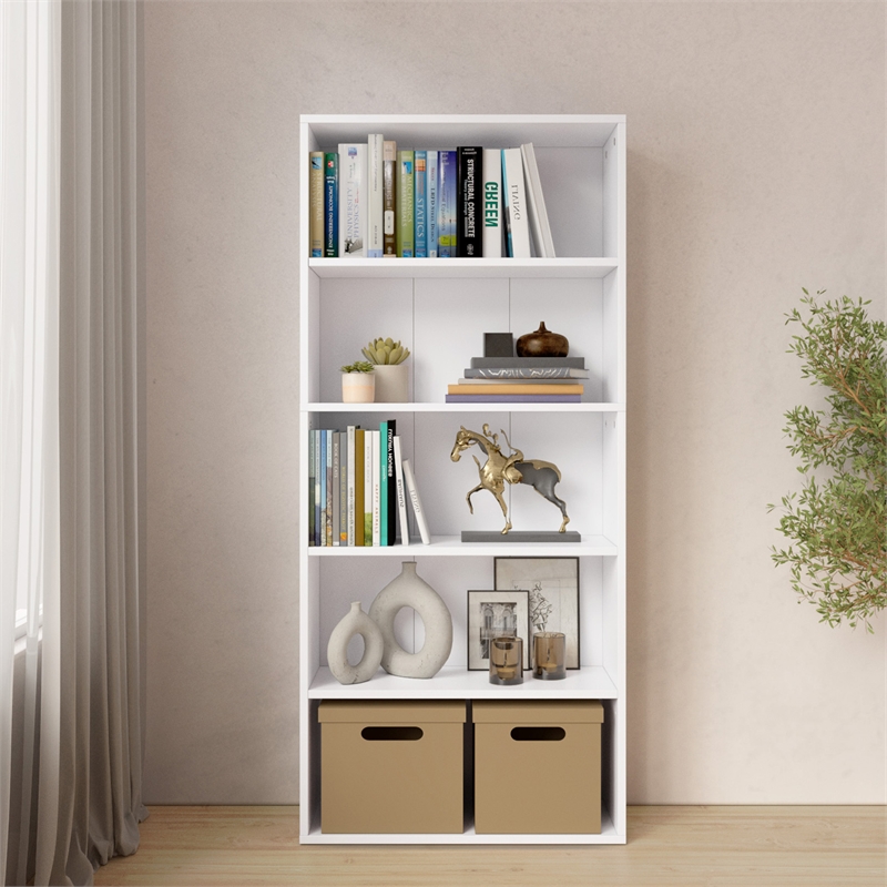 52.83 in. Tall White Wood 5-Shelf Etagere Bookcase with Adjustable Shelves