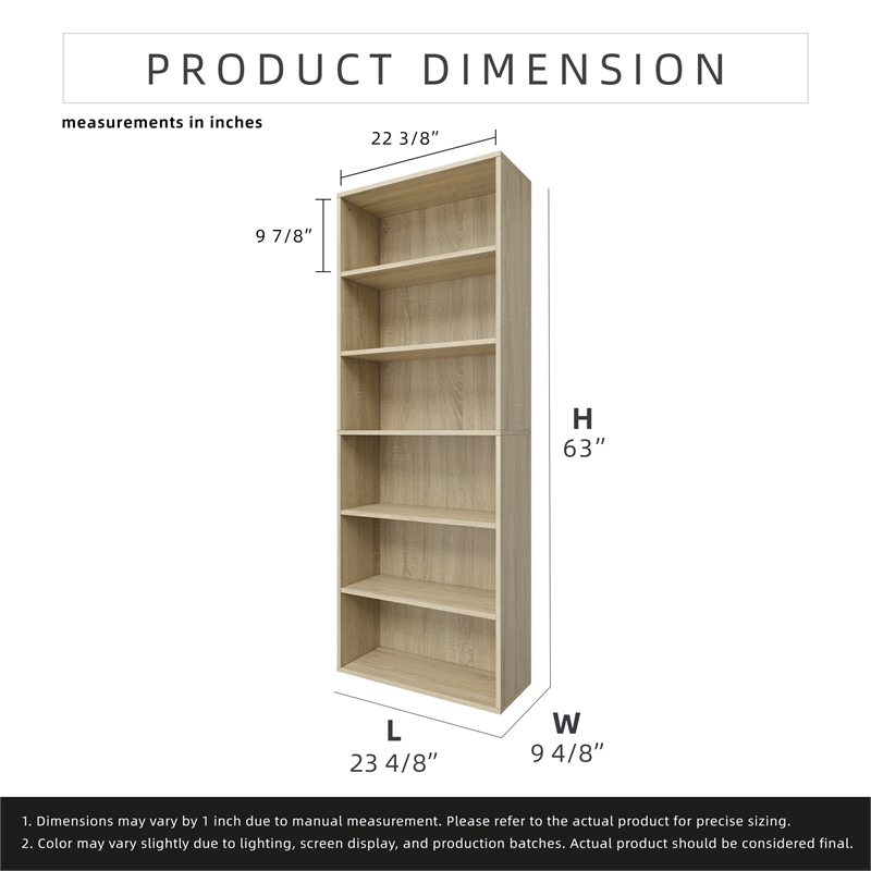 63.23 in. Tall Natural Oak Wood 6-Shelf Etagere Bookcase with Adjustable Shelves