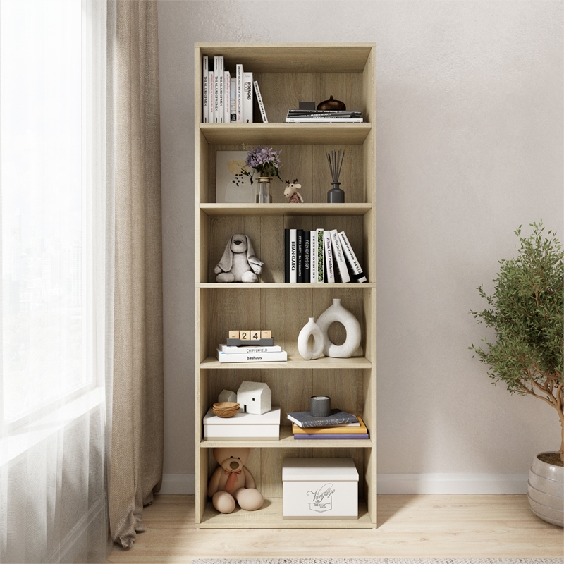 63.23 in. Tall Natural Oak Wood 6-Shelf Etagere Bookcase with Adjustable Shelves