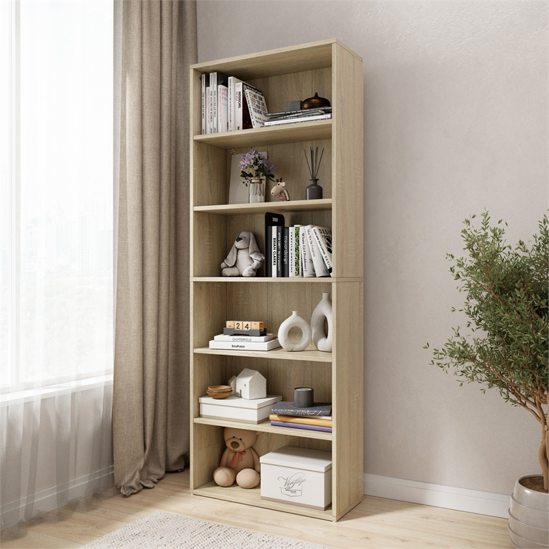 63.23 in. Tall Natural Oak Wood 6-Shelf Etagere Bookcase with Adjustable Shelves