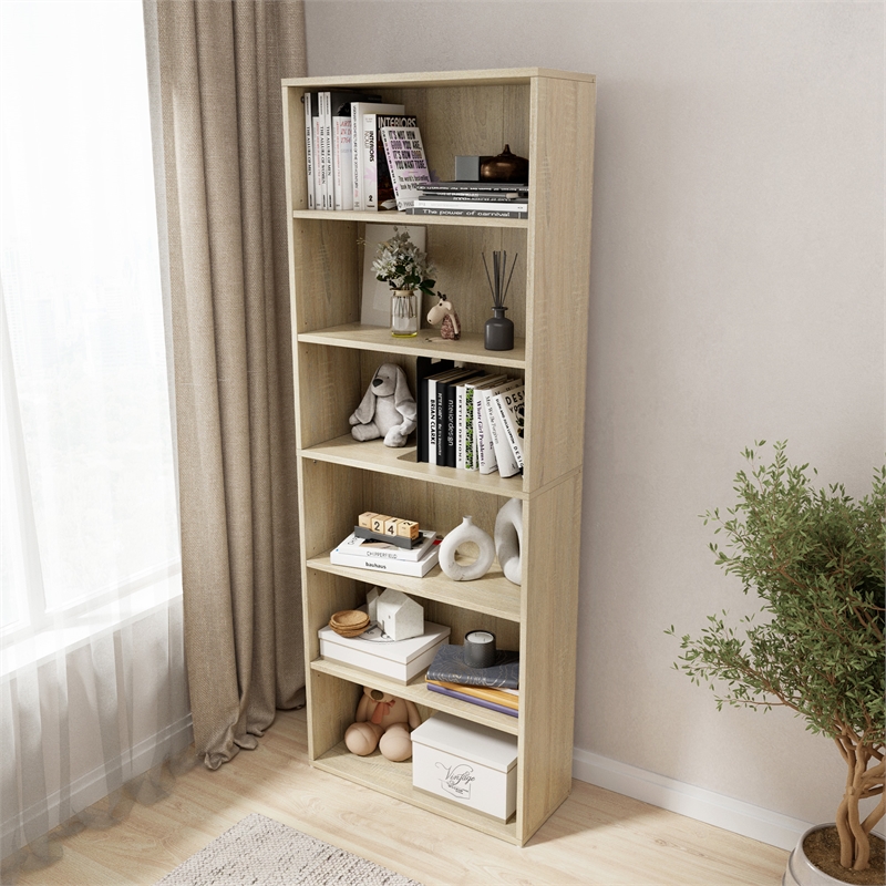 63.23 in. Tall Natural Oak Wood 6-Shelf Etagere Bookcase with Adjustable Shelves