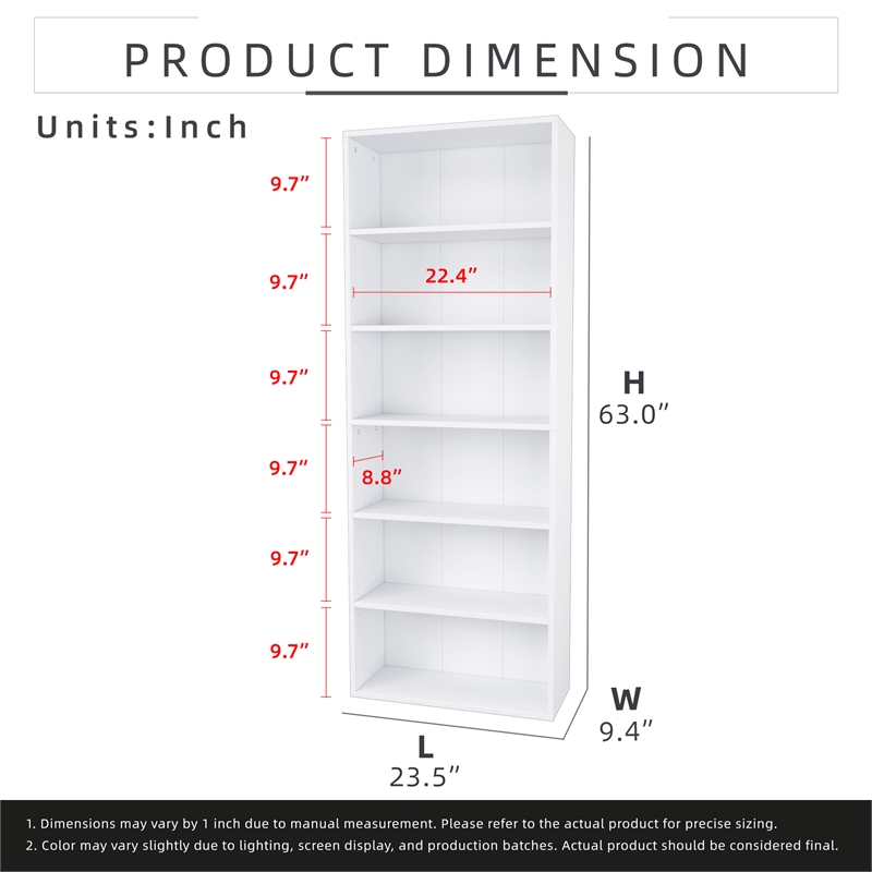 63.23 in. Tall White Wood 6-Shelf Etagere Bookcase with Adjustable Shelves