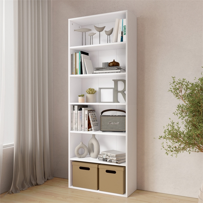 63.23 in. Tall White Wood 6-Shelf Etagere Bookcase with Adjustable Shelves