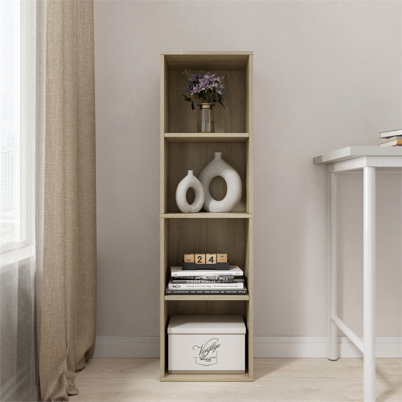 41.93 in. Tall Natural Oak Wood 4-Shelf Etagere Bookcase with Adjustable Shelves