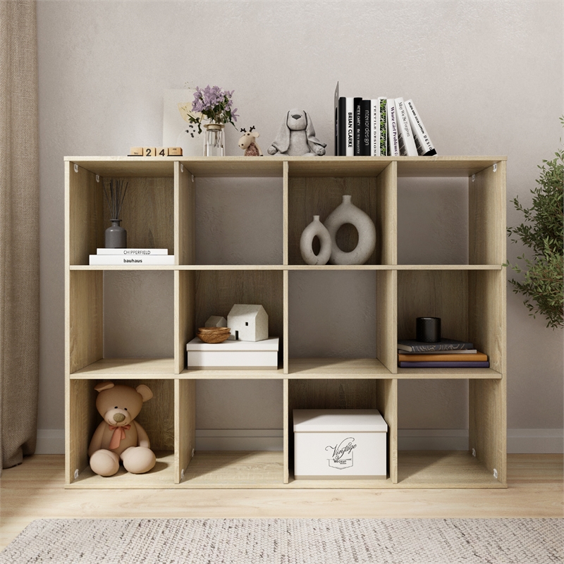 34.96 in. Tall Natural Oak Wood 3-Shelf Etagere Bookcase