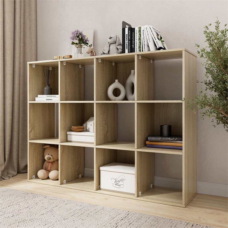 34.96 in. Tall Natural Oak Wood 3-Shelf Etagere Bookcase