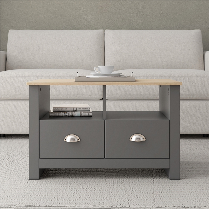 31 in. Grey and Natural Oak Rectangle Wood Coffee Table with 2 Drawers