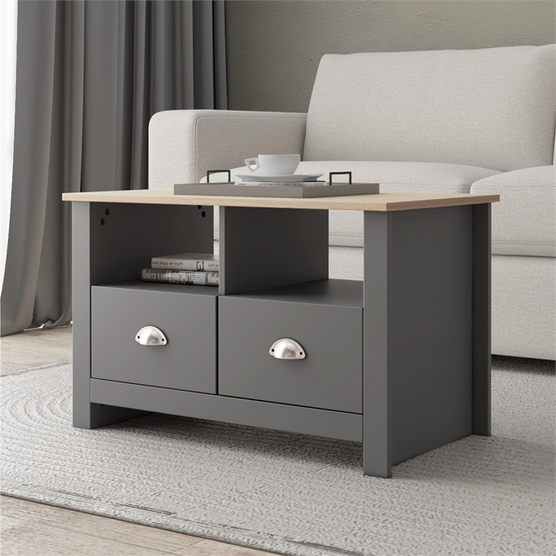 31 in. Grey and Natural Oak Rectangle Wood Coffee Table with 2 Drawers