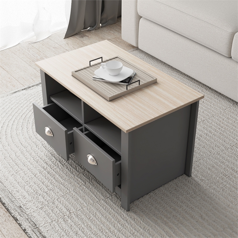 31 in. Grey and Natural Oak Rectangle Wood Coffee Table with 2 Drawers